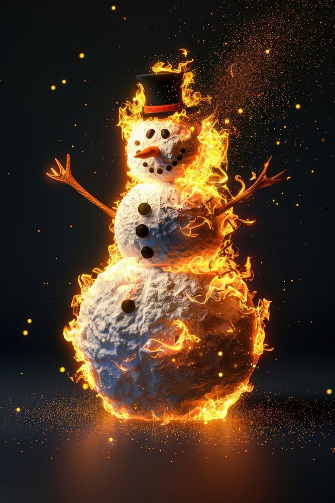 Snowman winter fire black background.