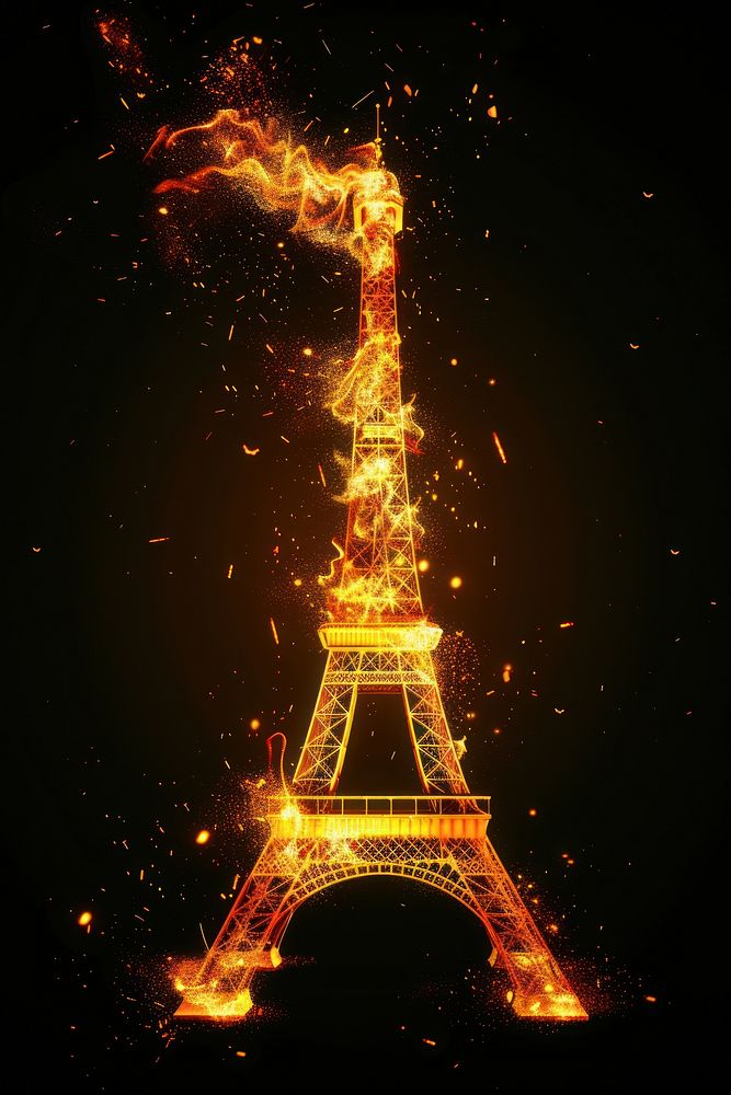 Eiffel tower architecture fire black background.