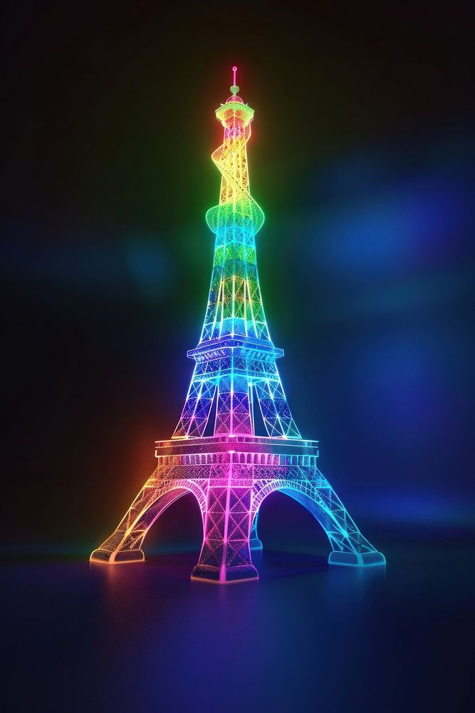 Eiffel tower architecture neon illuminated.