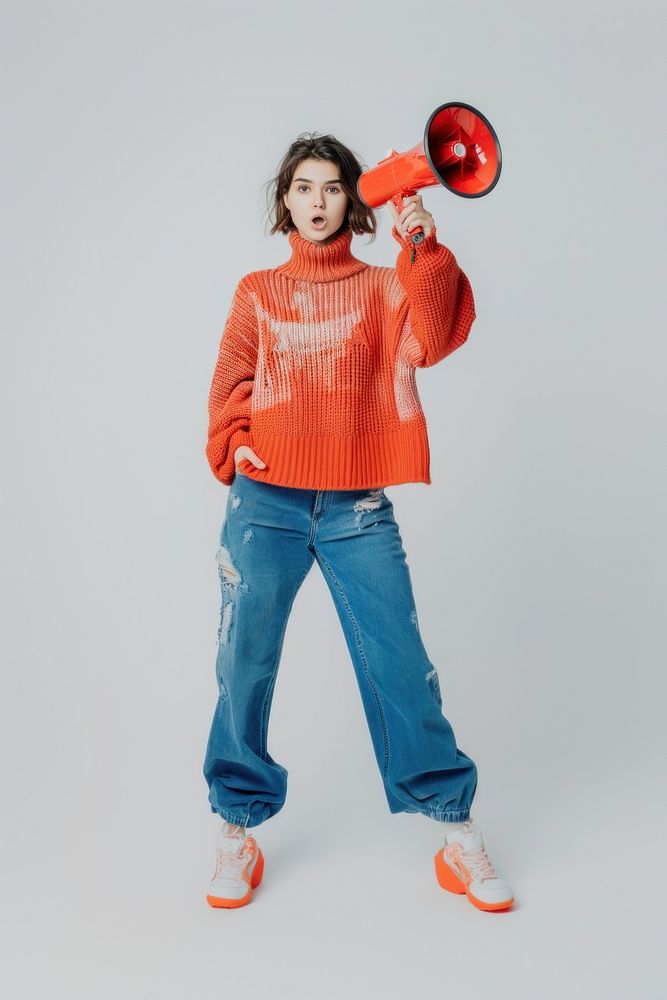 Woman holding megaphone sweater white background photography.