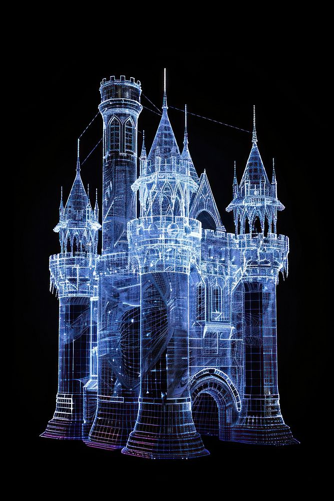Snow castle glowing black background architecture.