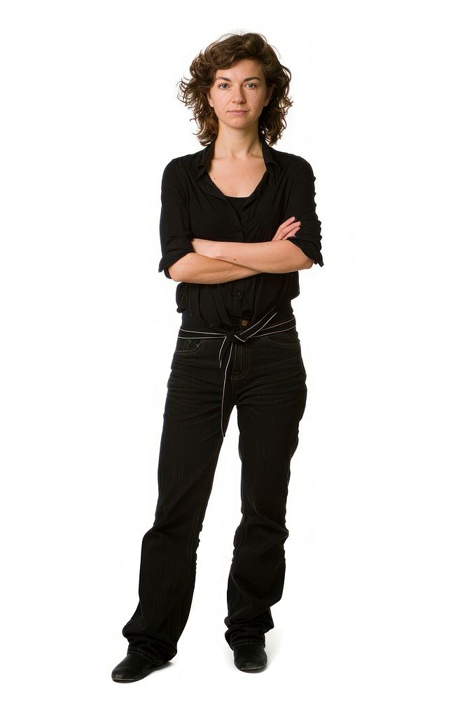 Woman in studio standing portrait sleeve.