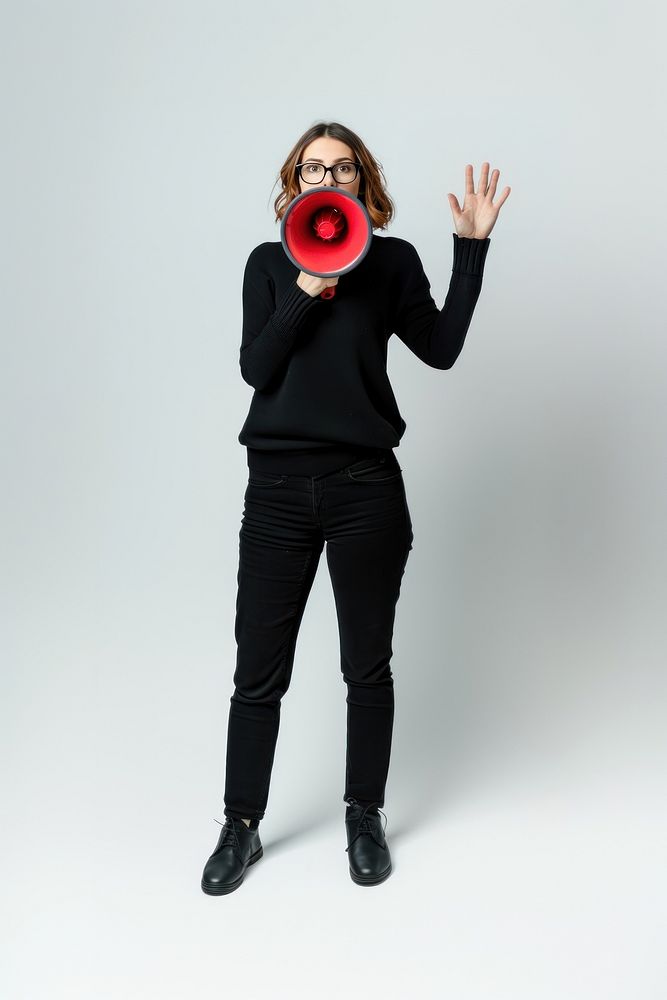 Woman holding megaphone portrait glasses adult.