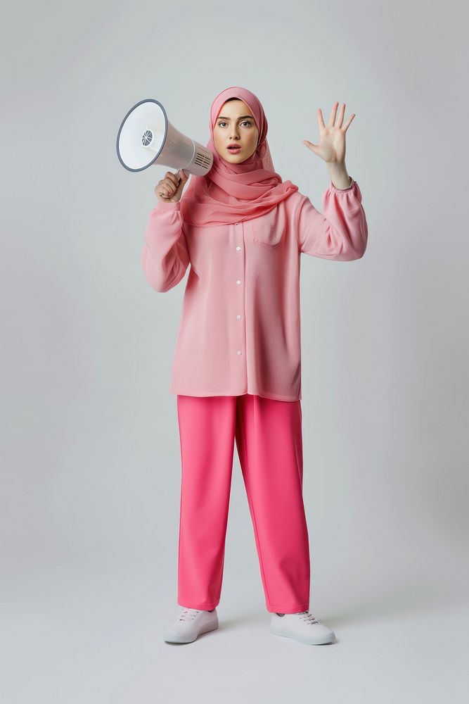 Woman holding megaphone adult hijab pink.
