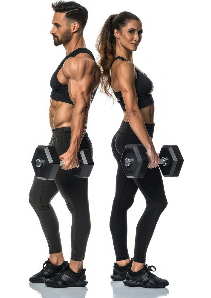 Man and women in fitness outfit dumbbell sports adult.