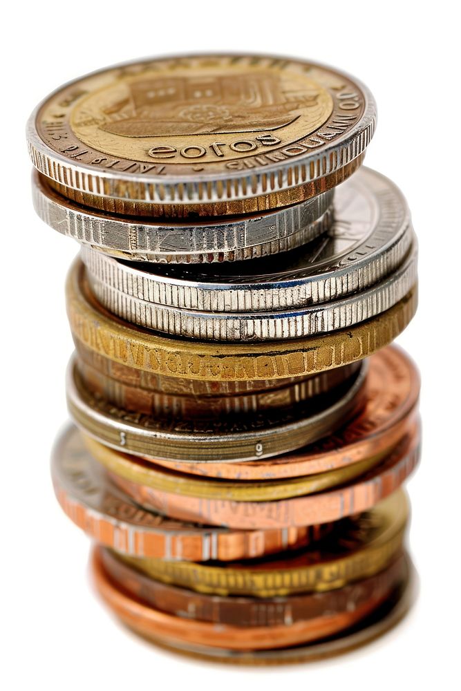 Close-up photo of stack euro coins backgrounds money white background.