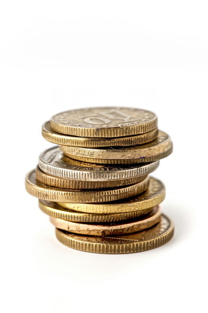 Close-up photo of stack euro coins money white background investment.