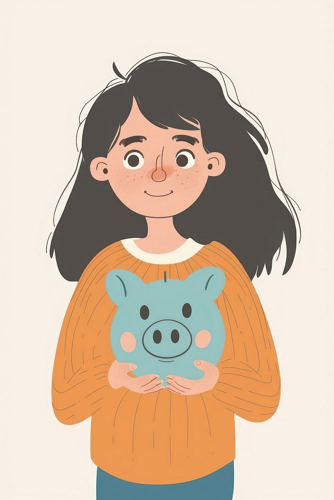 Flat illustration girl holding piggy bank portrait cartoon representation.