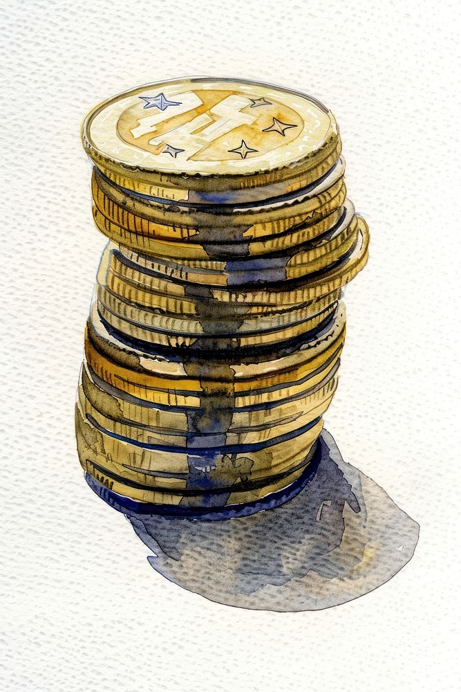 Ink painting euro coin stack money investment currency.