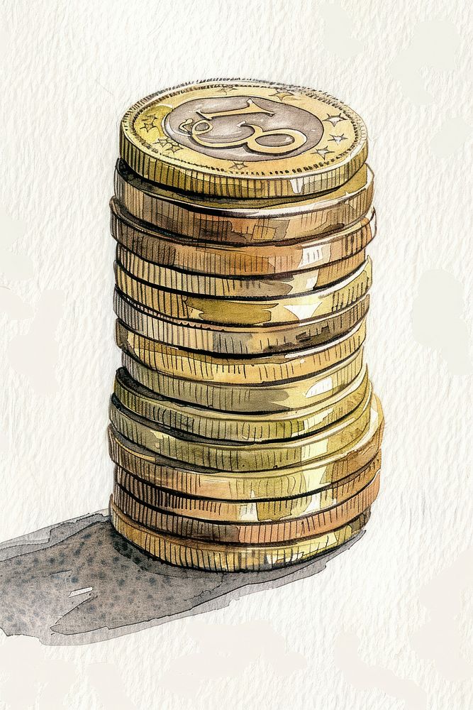 Ink painting euro coin stack backgrounds money arrangement.