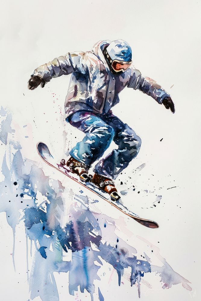 Ink painting Snowboarder jumping through air snow snowboarding recreation.