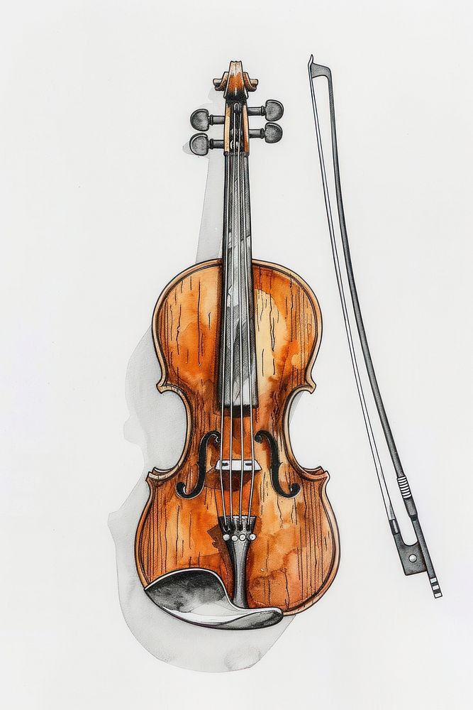 Ink painting Wooden classic violin with bow creativity violinist drawing.