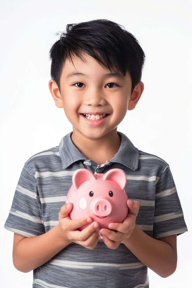 Thai boy holding piggy bank child white background investment.