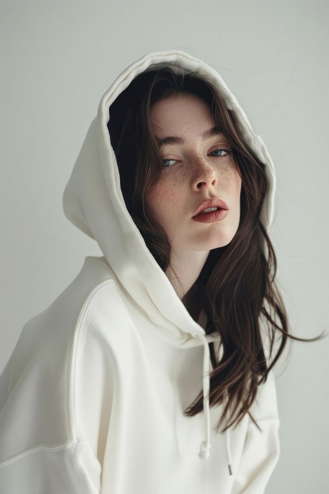 Woman wearing white hoodie fashion photo photography.
