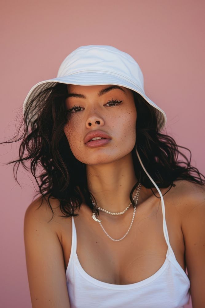 Woman wearing white white bucket hat photo photography accessories.