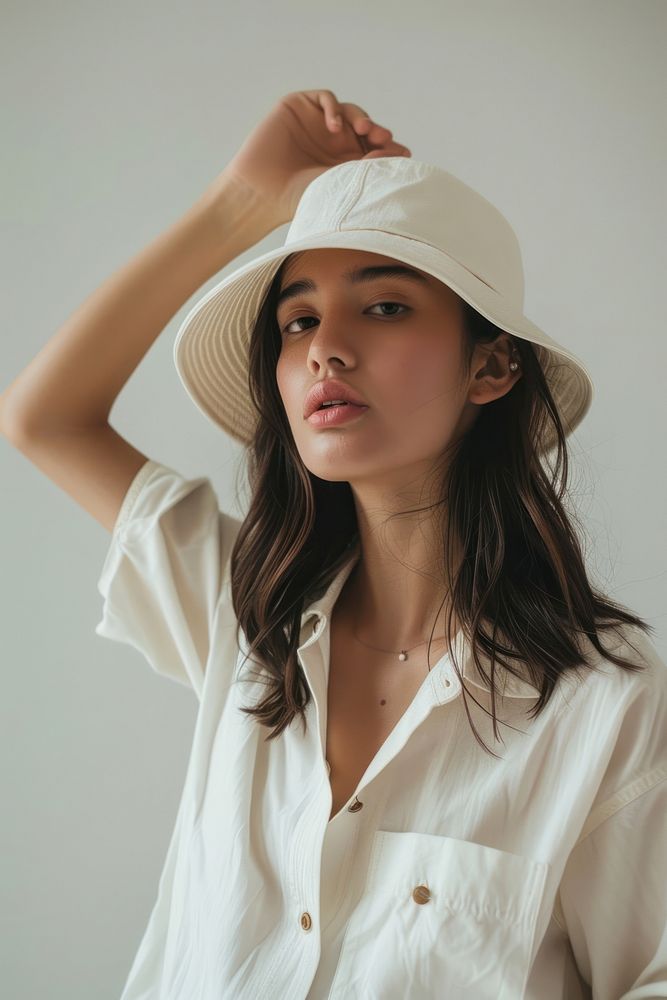 Woman wearing white white bucket hat photo accessories photography.