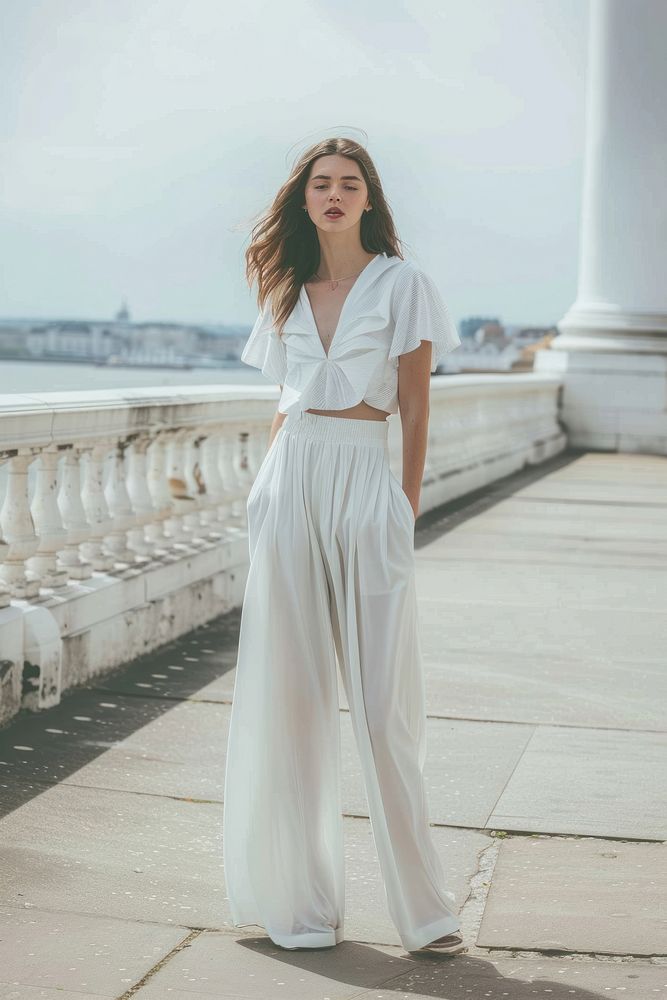 Woman wearing white wide leg trousers beachwear clothing apparel.