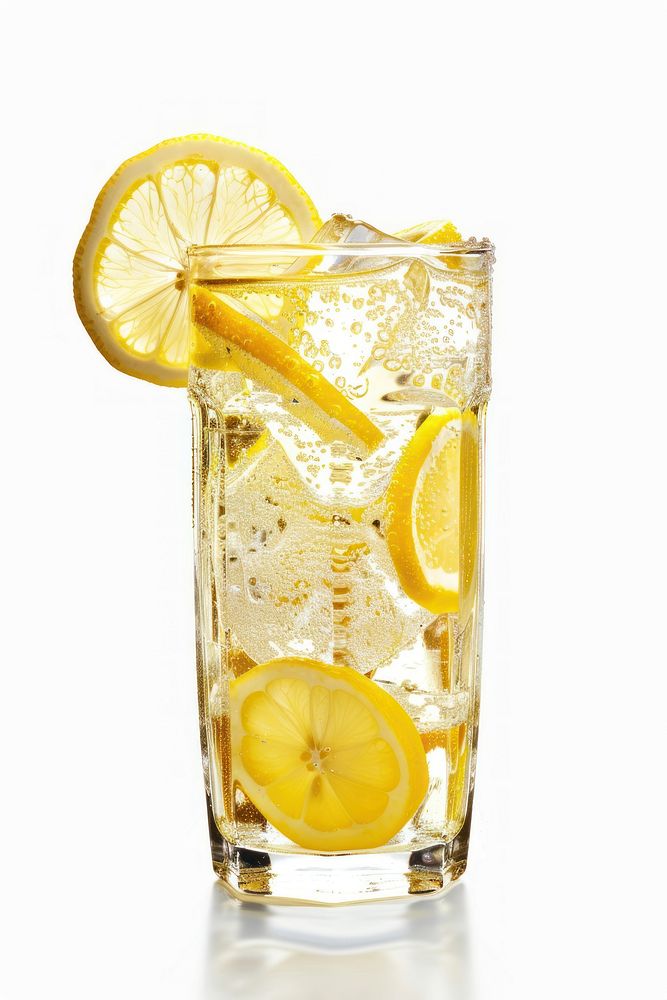 Glass of ice lemonade fruit drink food.