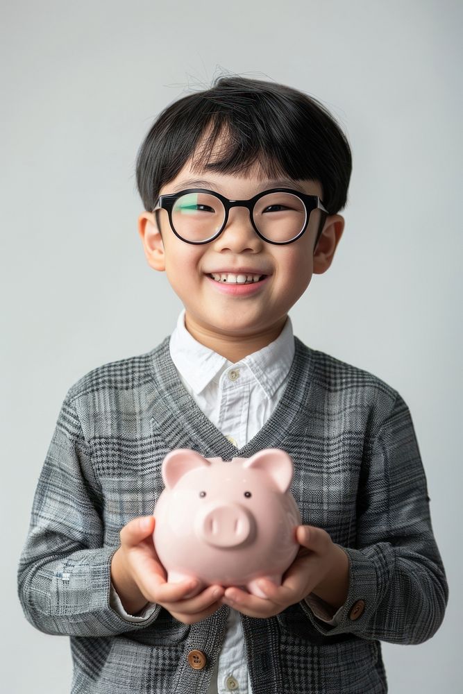 Korean boy holding piggy bank photo photography investment.