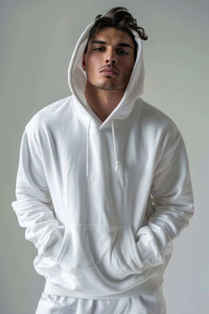 Man wearing white hoodie sweatshirt clothing knitwear.