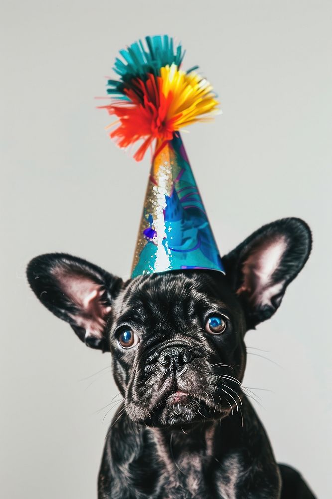 Portrait bulldog with party hat clothing apparel animal.