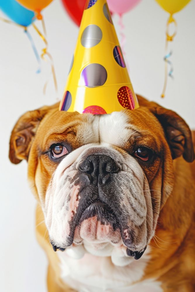 Portrait bulldog with party hat clothing apparel balloon.