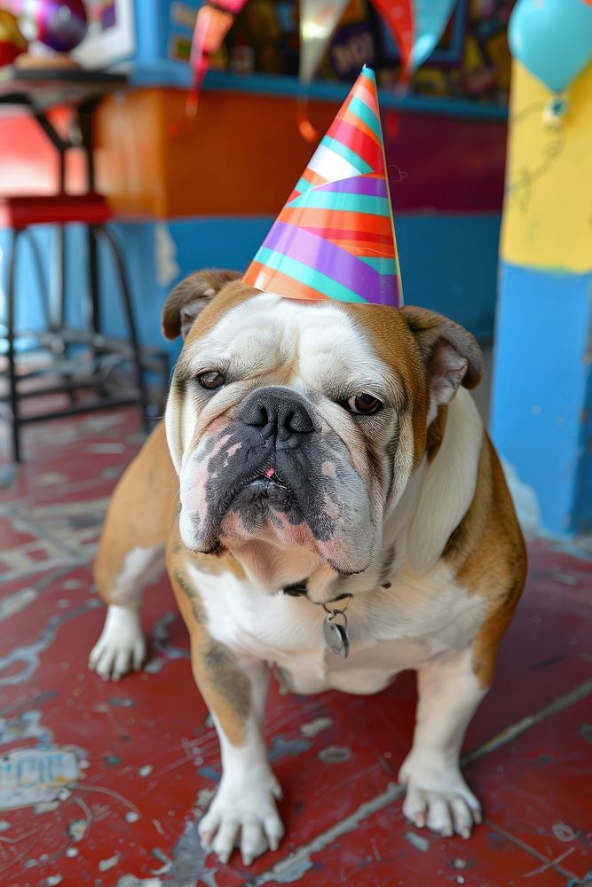 Portrait bulldog with party hat clothing apparel animal.