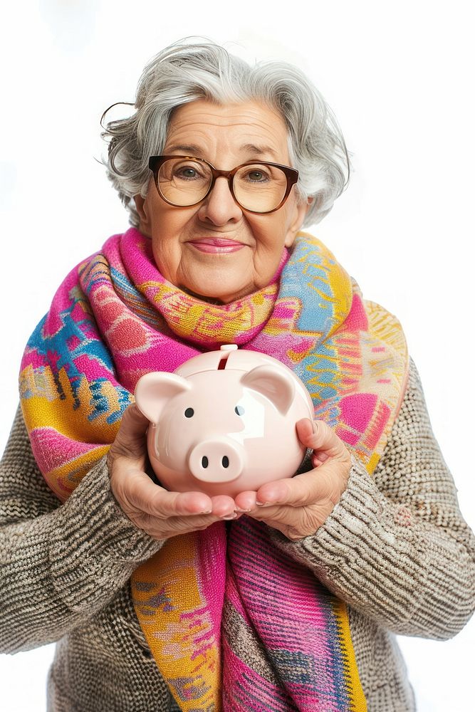 Senior woman holding piggybank white background retirement investment.