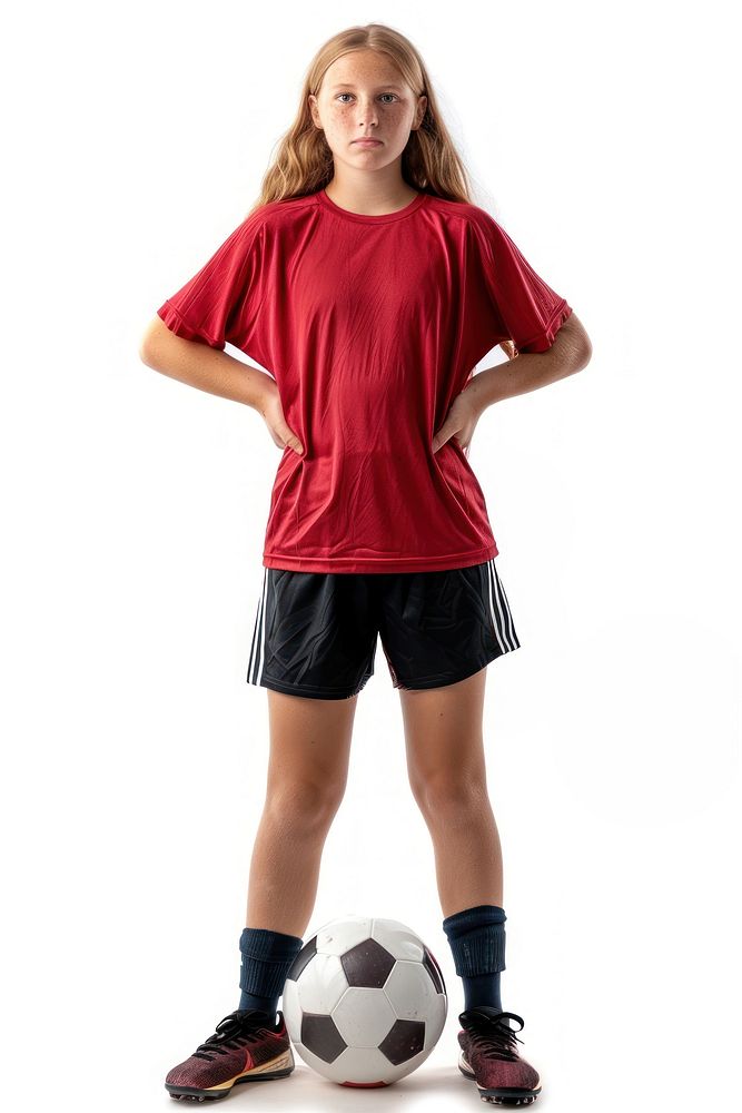 Portrait of young female soccer player with soccer ball standing football footwear portrait.