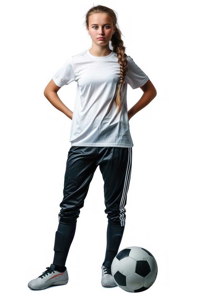 Portrait of young female soccer player with soccer ball standing football portrait t-shirt.