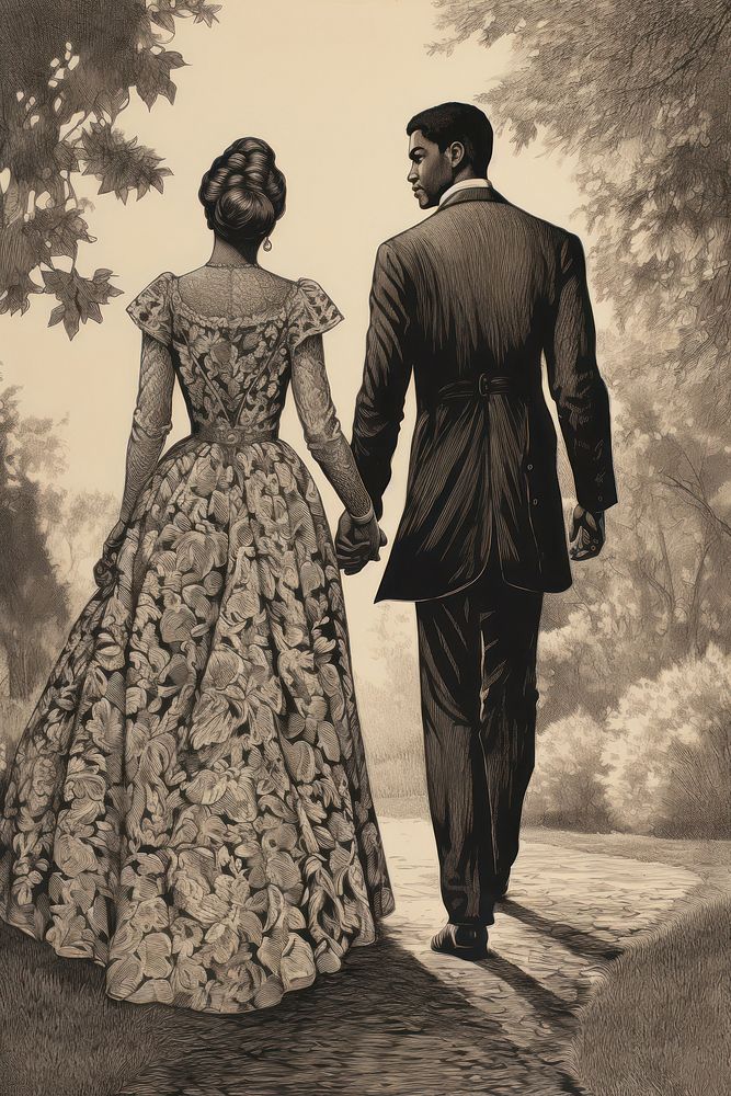 Couple walk holding hands bridegroom clothing apparel.