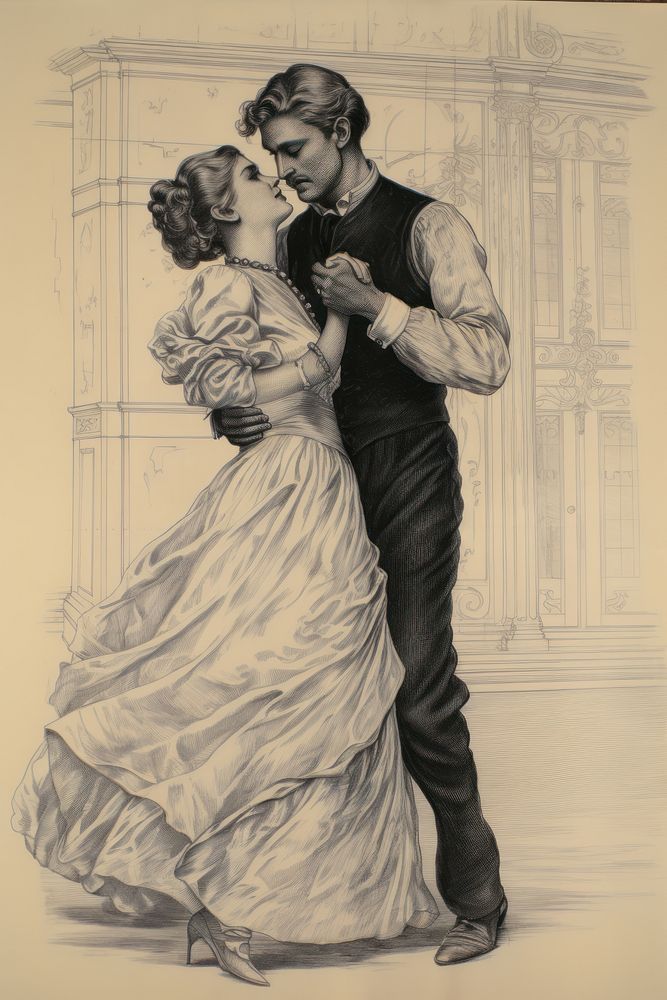 Romantic couple dancing drawing illustrated accessories.