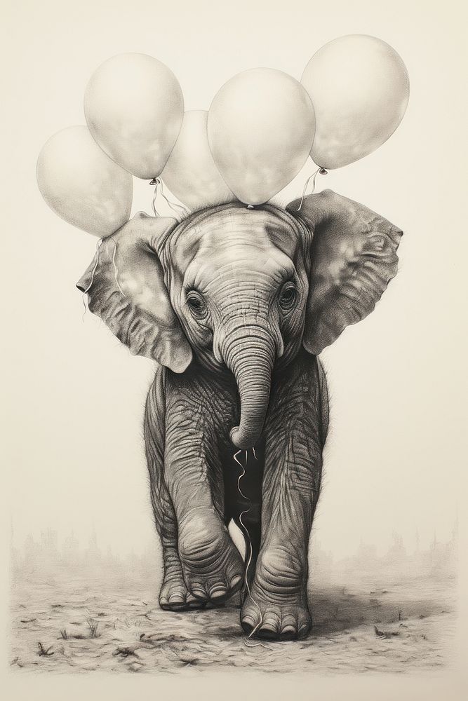 Baby elephant holding balloons drawing illustrated wildlife.