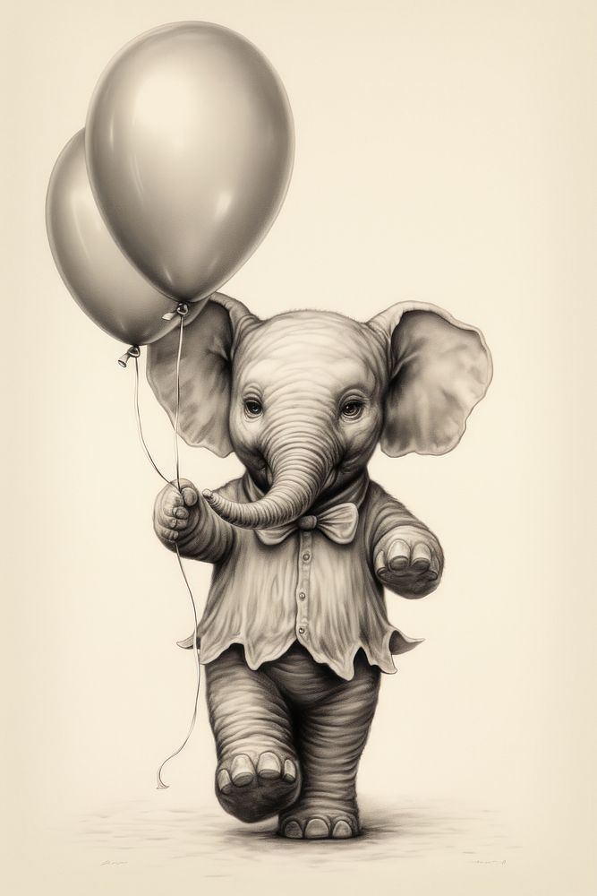 Baby elephant holding balloons drawing illustrated photography.