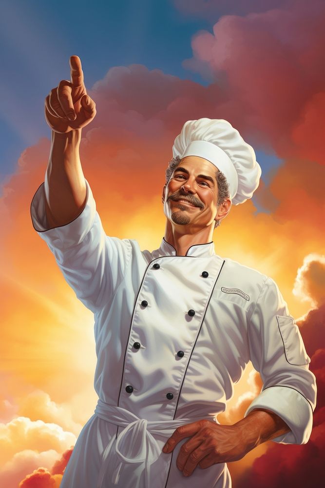 Chef pointing finger pose proudly standing adult happiness freshness.