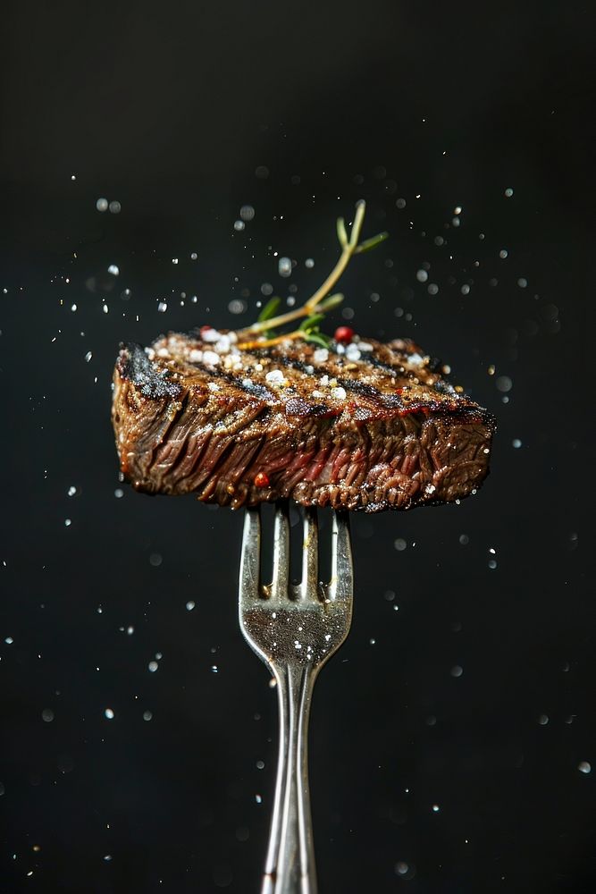 Grilled beef steak fork cutlery food.