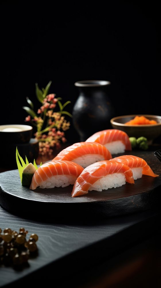 Japanese sushi seafood salmon meal.
