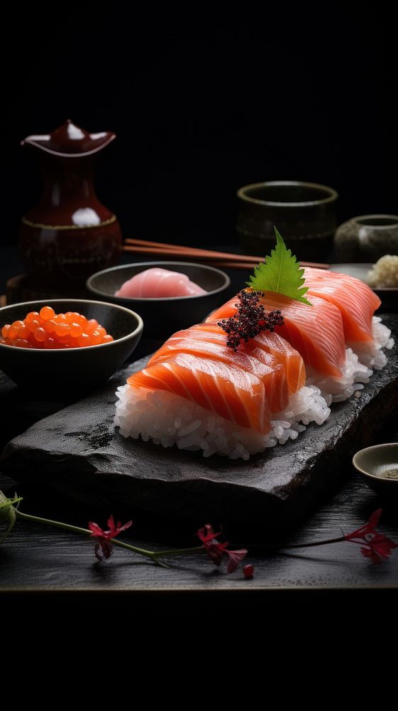 Japanese sushi seafood ketchup salmon.