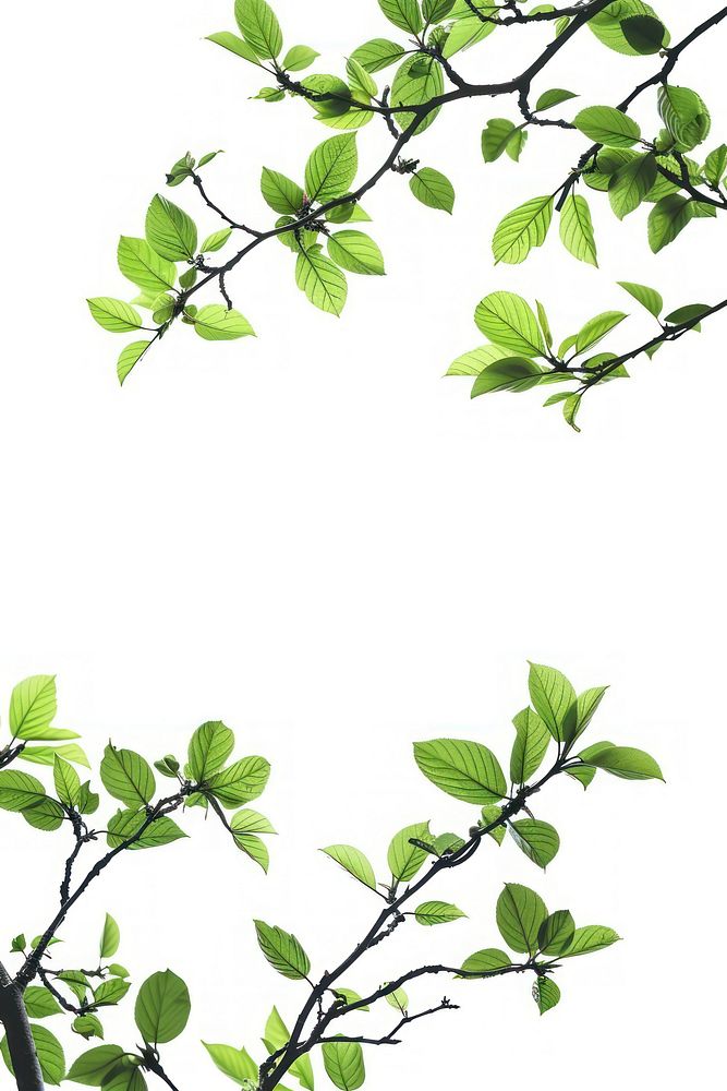 Tree branch with green leaf border backgrounds plant white background.