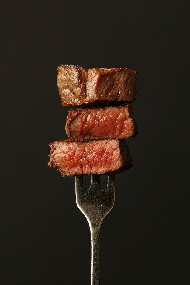 Slices of steak meat fork cutlery.