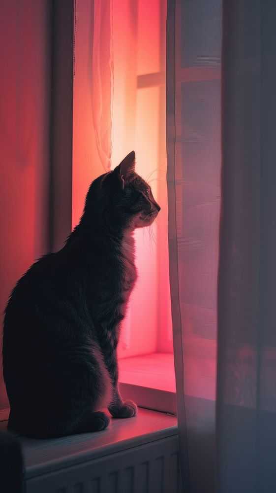 Cat in minimal room animal windowsill curtain.