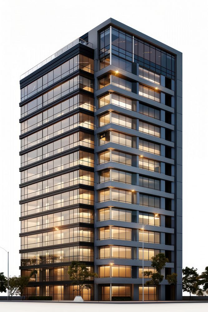 Exterior of highrise building at dusk architecture city headquarters.