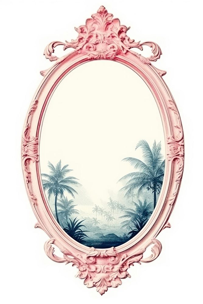 Vintage frame tropicals mirror oval white background.