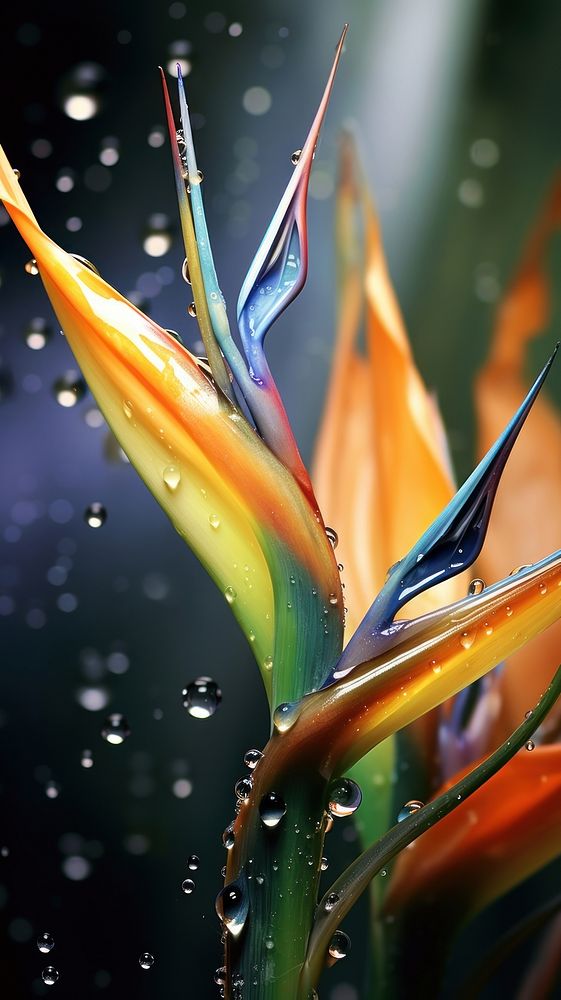 Water droplet on bird of paradise flower outdoors plant.