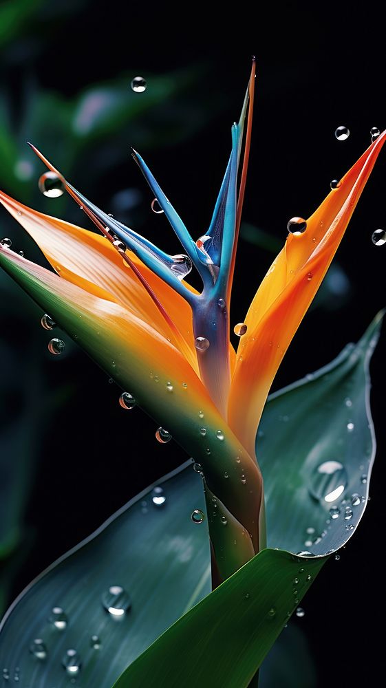 Water droplet on bird of paradise flower plant petal.