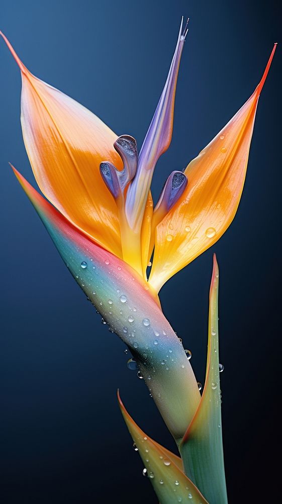 Water droplet on bird of paradise flower plant petal.