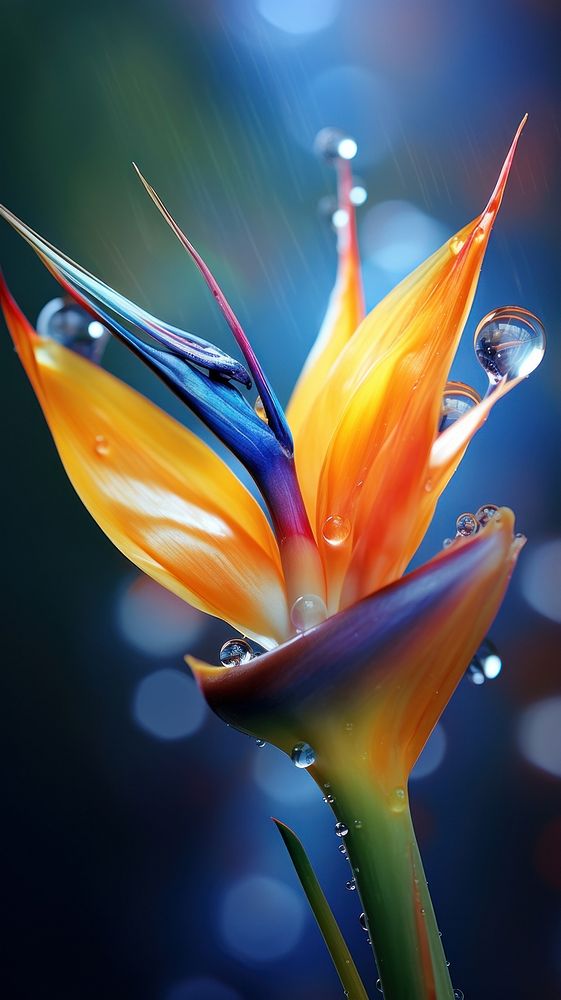 Water droplet on bird of paradise flower petal plant.