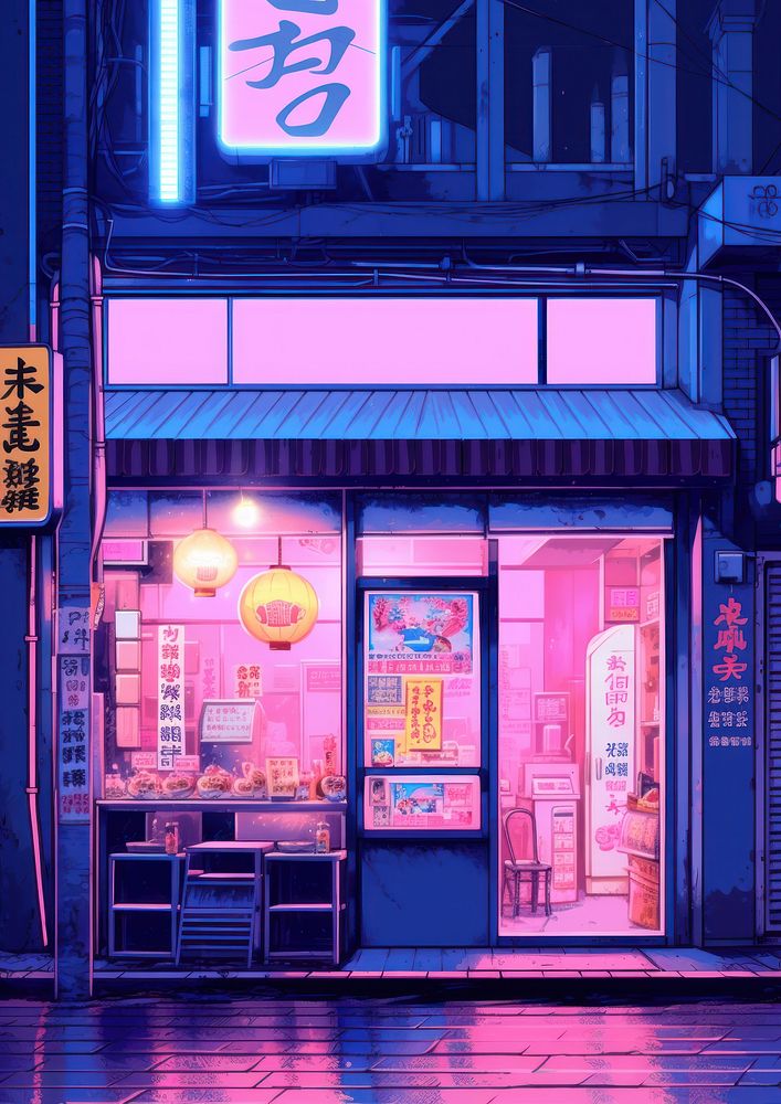 A minimal and less detail illustration of japan city neon advertisement.