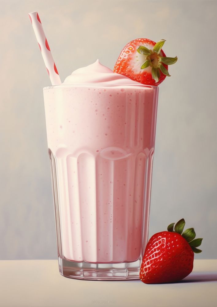 Close up on pale strawberry smoothie milkshake fruit drink.