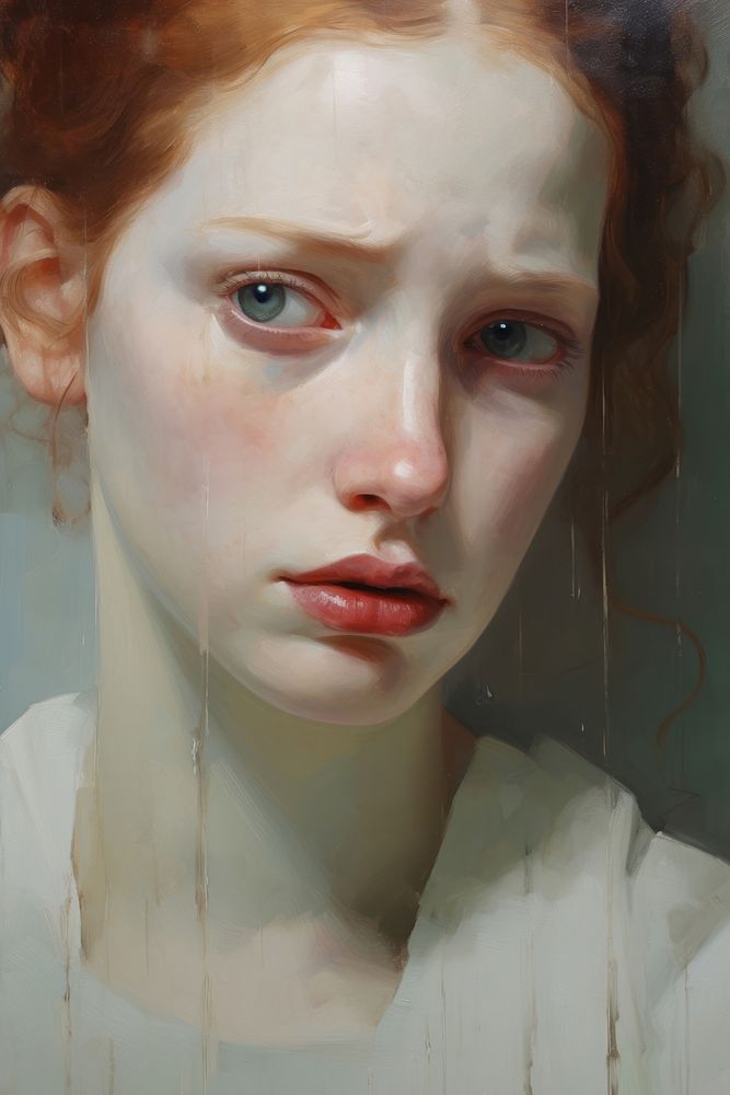 Close up on pale sad people painting portrait art.